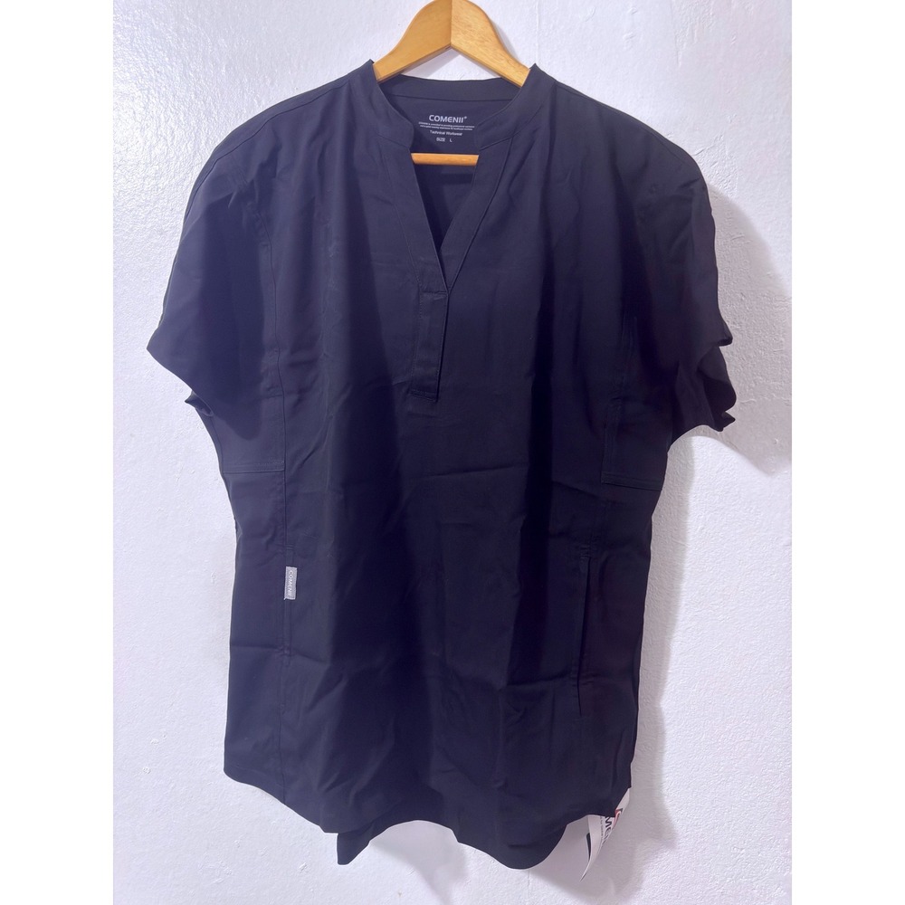 COMENII‎ Technical Workwear Top Womens Black Size L Short Sleeve V Neck